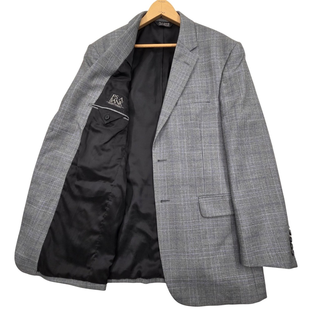 Jos A Bank Traveler Collection Tailored Fit 100% Wool Blazer 40R Gray Glen Plaid